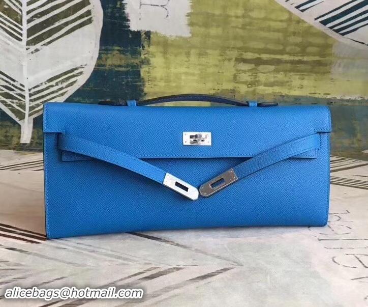 Stylish Hermes Kelly Cut Handmade Epsom Leather Clutch Hydra With Gold/Silver Hardware 600922 Blue