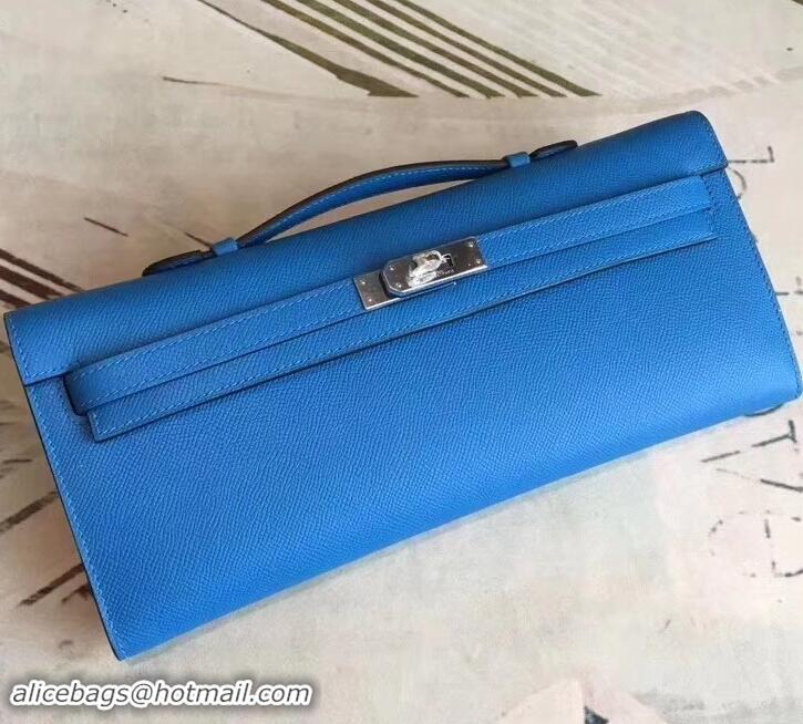 Stylish Hermes Kelly Cut Handmade Epsom Leather Clutch Hydra With Gold/Silver Hardware 600922 Blue