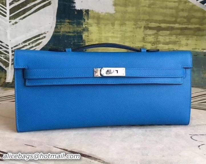 Stylish Hermes Kelly Cut Handmade Epsom Leather Clutch Hydra With Gold/Silver Hardware 600922 Blue