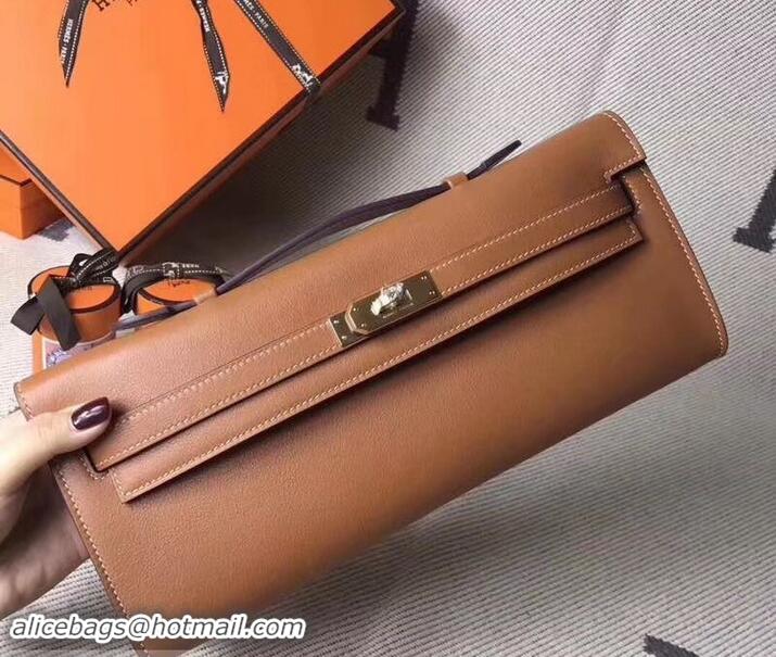 Sophisticated Hermes Kelly Cut Handmade Epsom Leather Clutch With Gold/Silver Hardware 600922 Camel