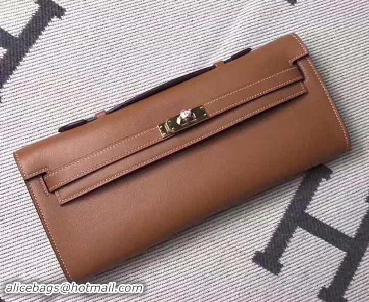 Sophisticated Hermes Kelly Cut Handmade Epsom Leather Clutch With Gold/Silver Hardware 600922 Camel