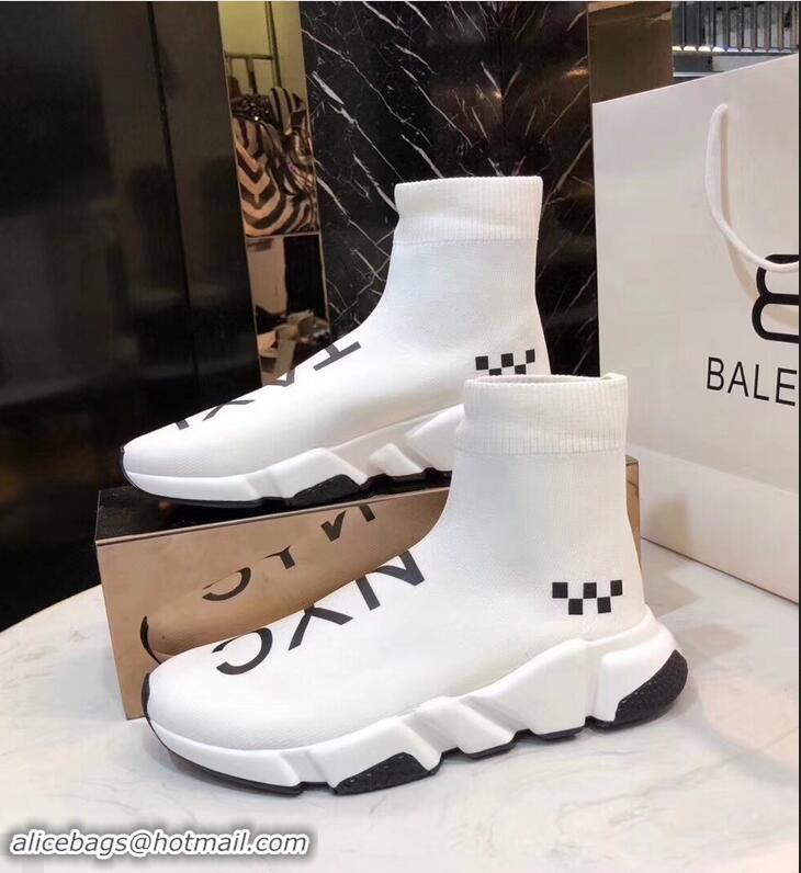 Low Cost Balenciaga Knit Sock Speed Trainers Sneakers NYC Taxi B92909 White 2019