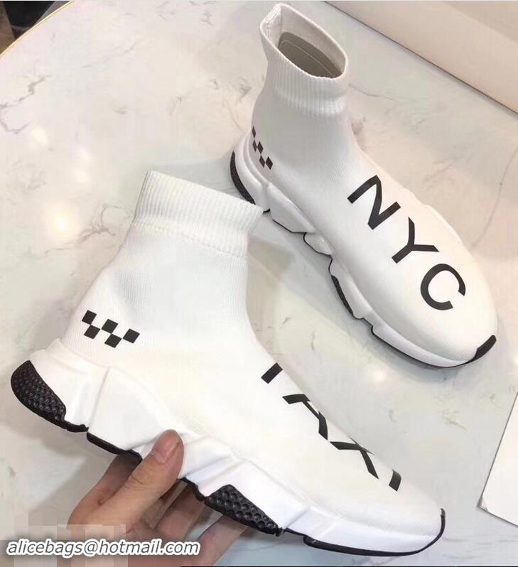 Low Cost Balenciaga Knit Sock Speed Trainers Sneakers NYC Taxi B92909 White 2019