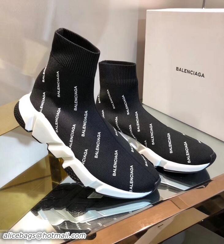 Promotional Balenciaga Knit Sock Speed Trainers Sneakers All Over Logo B92913 Black 2019