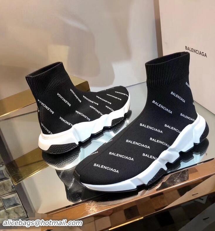 Promotional Balenciaga Knit Sock Speed Trainers Sneakers All Over Logo B92913 Black 2019