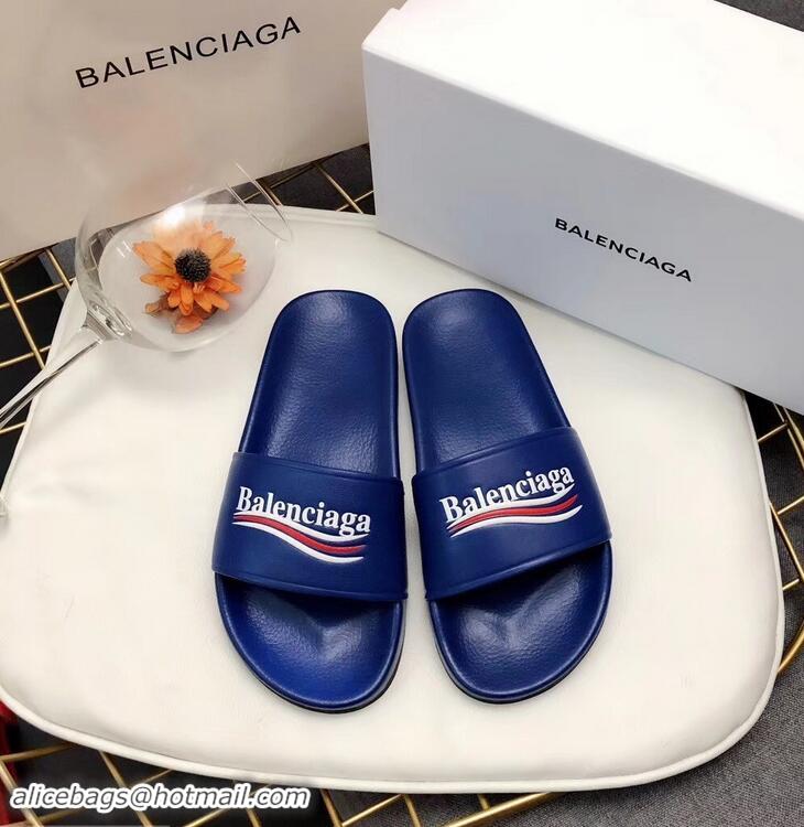 Free Shipping Balenciaga Slides Sandals Political Campain Logo B93713 Blue