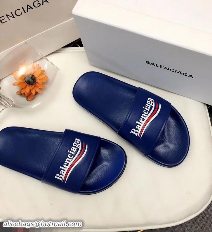 Free Shipping Balenciaga Slides Sandals Political Campain Logo B93713 Blue