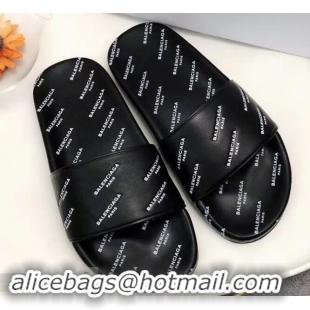 New Design Balenciaga Slides Sandals All Over Logo B93717 Black