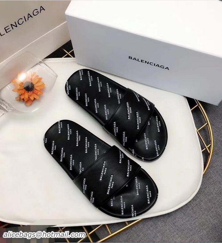 New Design Balenciaga Slides Sandals All Over Logo B93717 Black