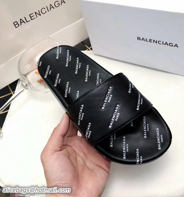 New Design Balenciaga Slides Sandals All Over Logo B93717 Black