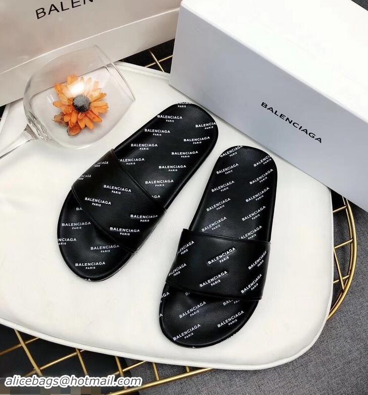 New Design Balenciaga Slides Sandals All Over Logo B93717 Black