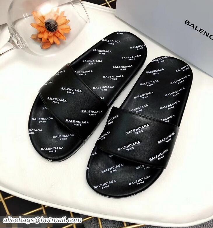 New Design Balenciaga Slides Sandals All Over Logo B93717 Black