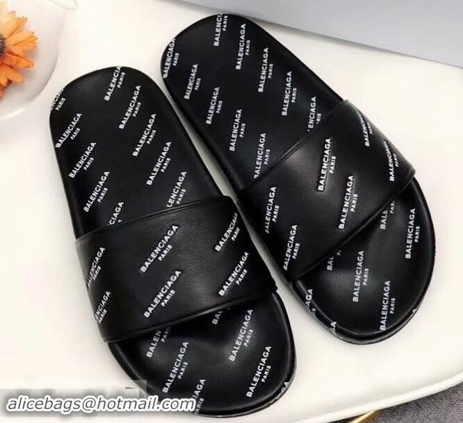 New Design Balenciaga Slides Sandals All Over Logo B93717 Black