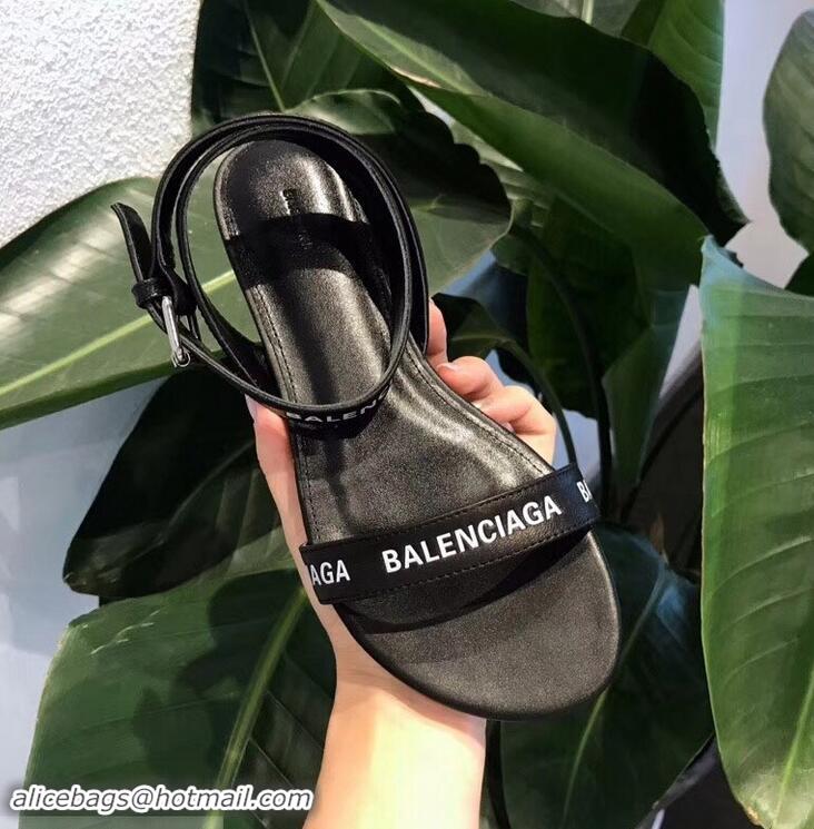 Cheapest Balenciaga Logo Ankle Strap Flat Sandals B94420 Black 2019