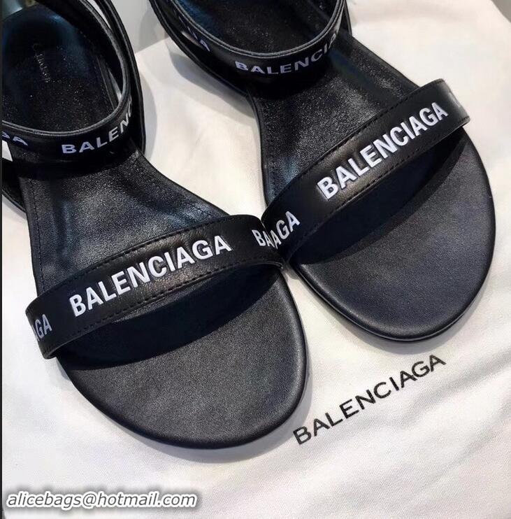 Cheapest Balenciaga Logo Ankle Strap Flat Sandals B94420 Black 2019