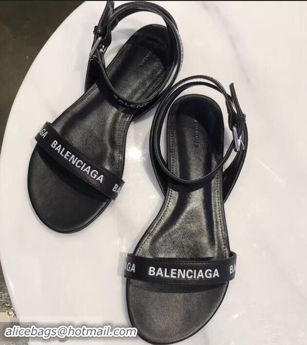 Cheapest Balenciaga Logo Ankle Strap Flat Sandals B94420 Black 2019