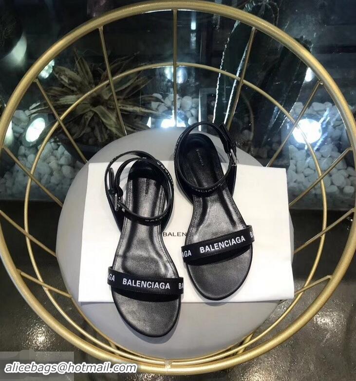 Cheapest Balenciaga Logo Ankle Strap Flat Sandals B94420 Black 2019