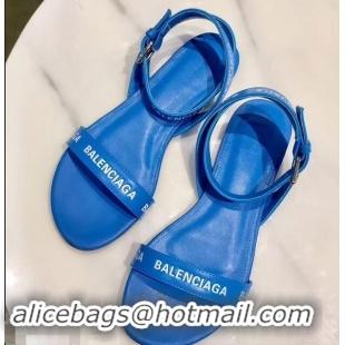 New Style Balenciaga Logo Ankle Strap Flat Sandals B94420 Blue 2019