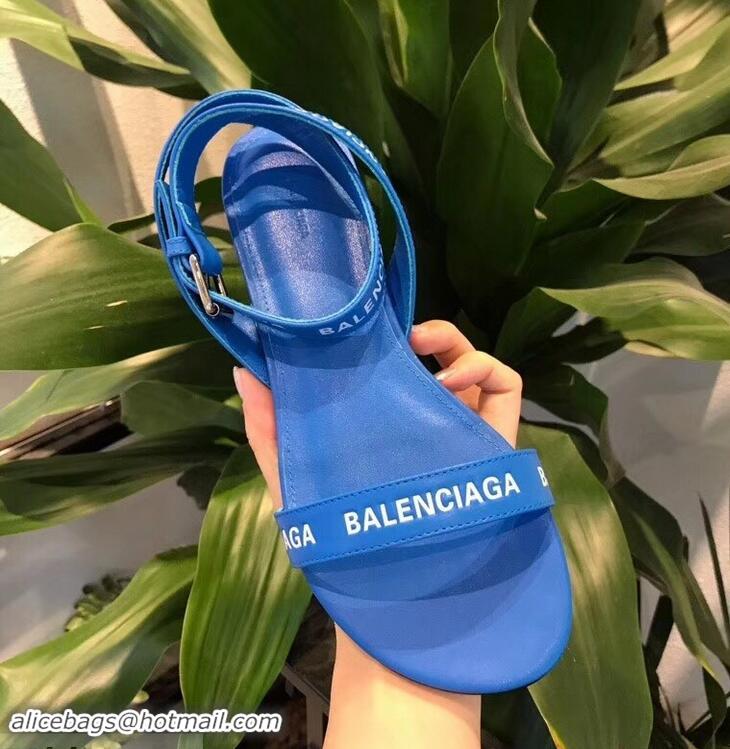 New Style Balenciaga Logo Ankle Strap Flat Sandals B94420 Blue 2019