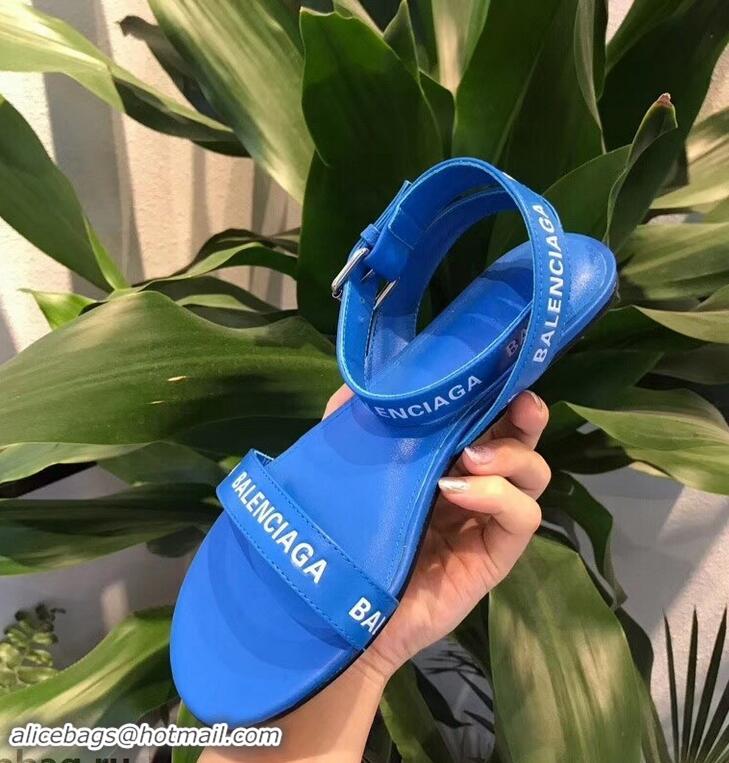 New Style Balenciaga Logo Ankle Strap Flat Sandals B94420 Blue 2019