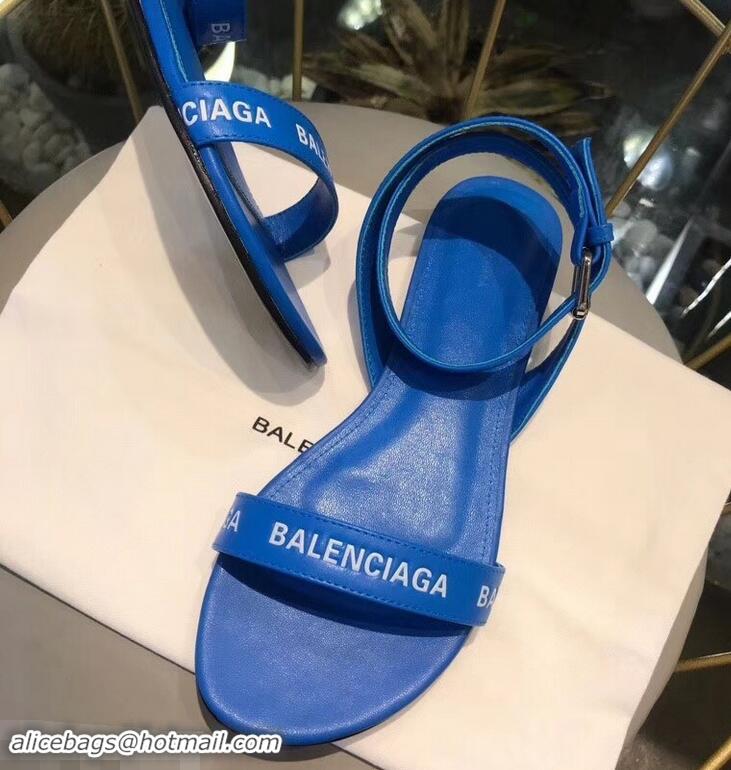 New Style Balenciaga Logo Ankle Strap Flat Sandals B94420 Blue 2019