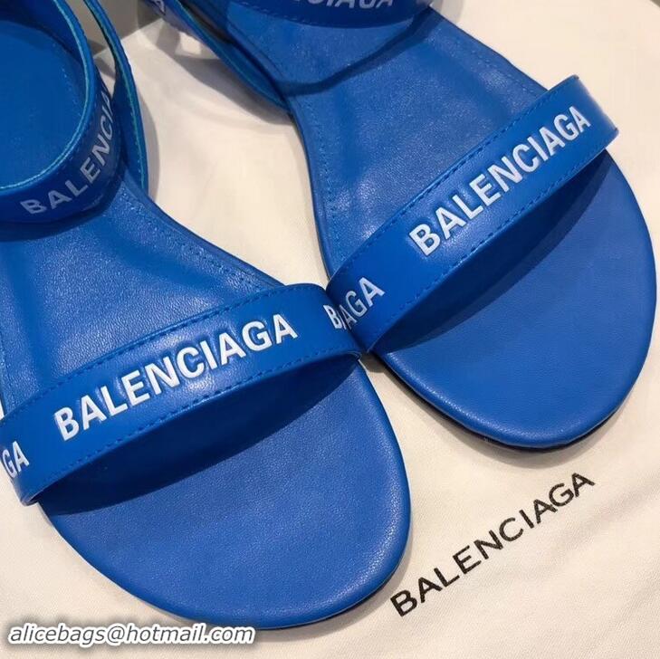 New Style Balenciaga Logo Ankle Strap Flat Sandals B94420 Blue 2019