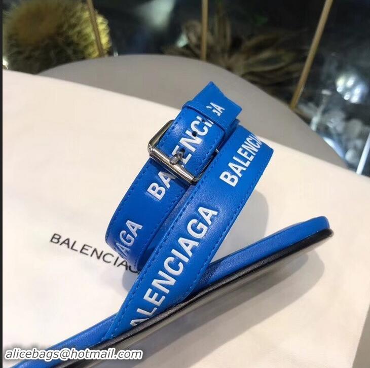 New Style Balenciaga Logo Ankle Strap Flat Sandals B94420 Blue 2019