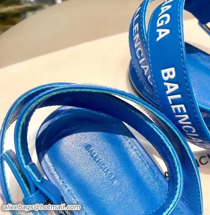 New Style Balenciaga Logo Ankle Strap Flat Sandals B94420 Blue 2019