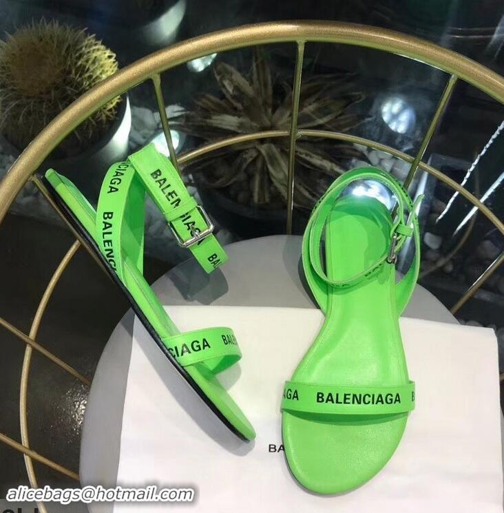 Most Popular Balenciaga Logo Ankle Strap Flat Sandals B94420 Green 2019