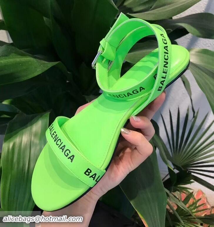 Most Popular Balenciaga Logo Ankle Strap Flat Sandals B94420 Green 2019