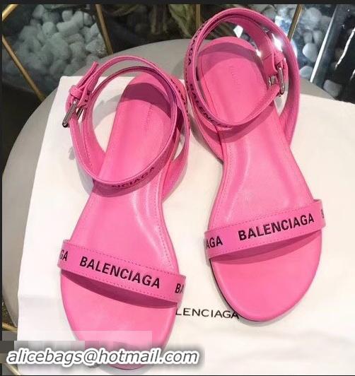 Promotional Balenciaga Logo Ankle Strap Flat Sandals B94420 Pink 2019