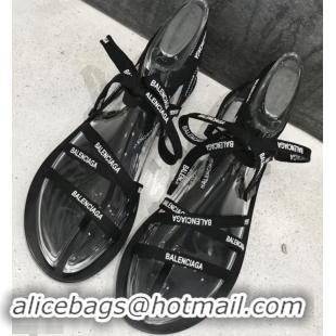 Super Quality Balenciaga Flat Sandals With Printed Logo Laces B94220 Black 2019