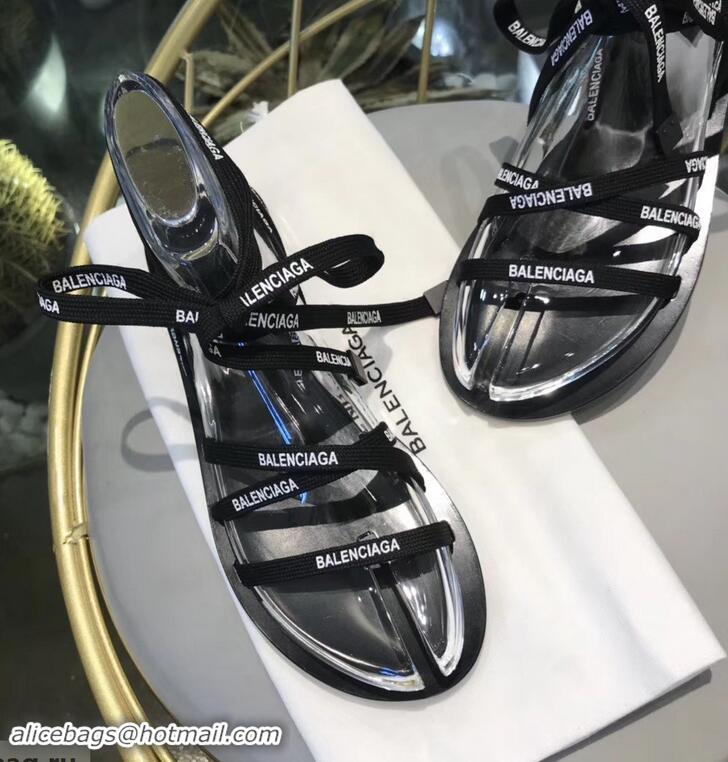 Super Quality Balenciaga Flat Sandals With Printed Logo Laces B94220 Black 2019