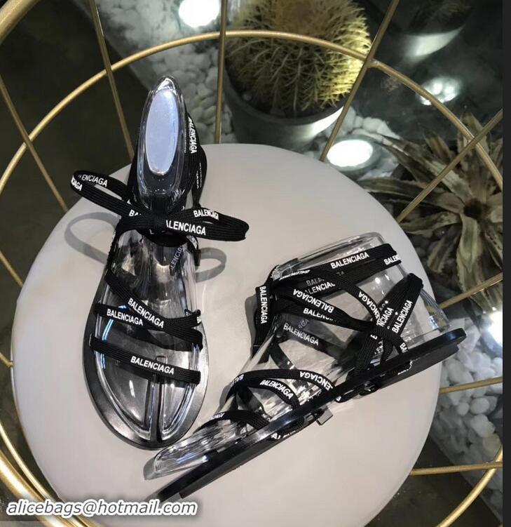 Super Quality Balenciaga Flat Sandals With Printed Logo Laces B94220 Black 2019