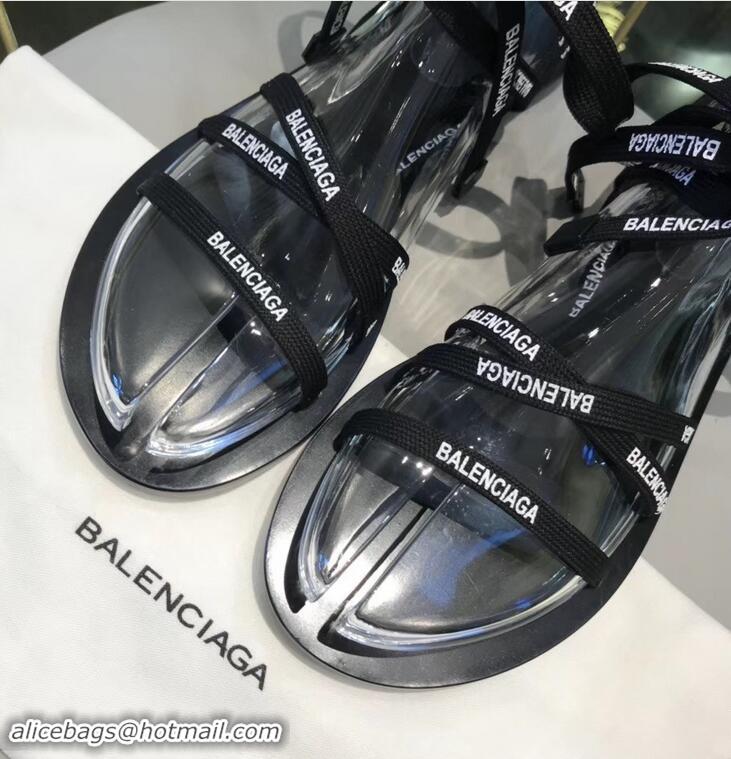 Super Quality Balenciaga Flat Sandals With Printed Logo Laces B94220 Black 2019