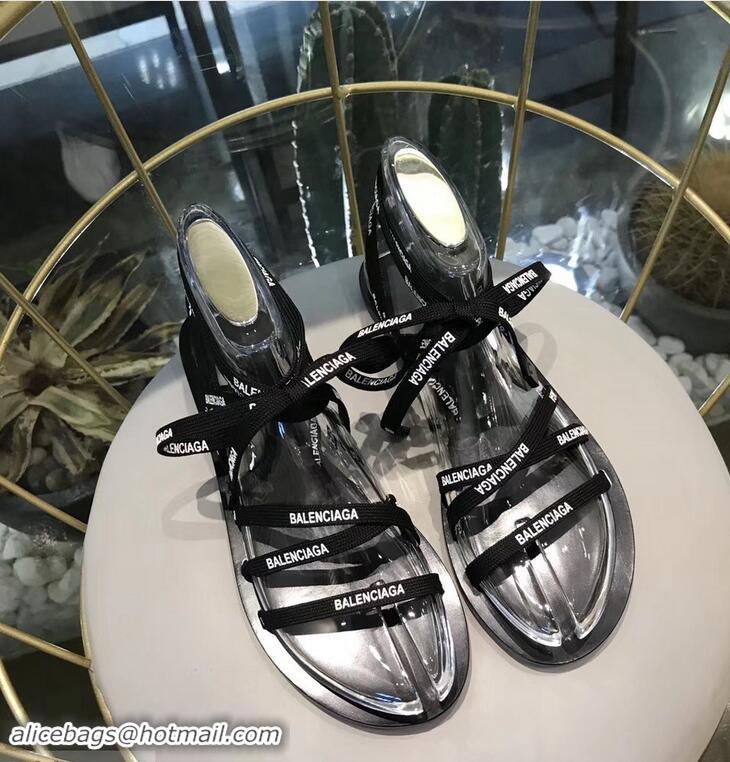 Super Quality Balenciaga Flat Sandals With Printed Logo Laces B94220 Black 2019