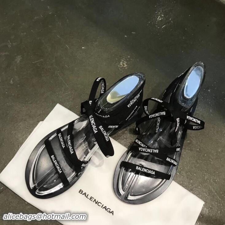 Super Quality Balenciaga Flat Sandals With Printed Logo Laces B94220 Black 2019