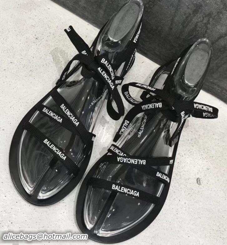 Super Quality Balenciaga Flat Sandals With Printed Logo Laces B94220 Black 2019