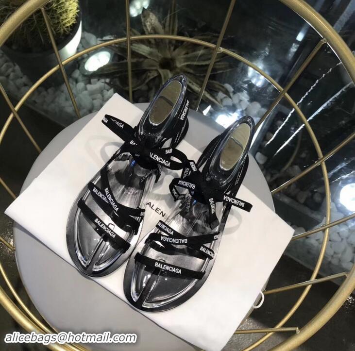 Super Quality Balenciaga Flat Sandals With Printed Logo Laces B94220 Black 2019