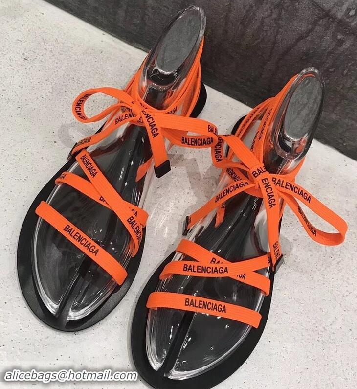 Low Price Balenciaga Flat Sandals With Printed Logo Laces B94220 Orange 2019