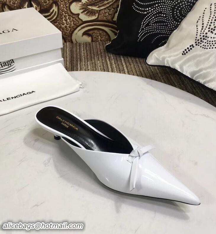 Top Sale Balenciaga Kitten Heel 4cm Pointed Toe Knife Mules Bow Patent B94801 White