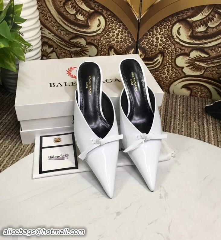 Top Sale Balenciaga Kitten Heel 4cm Pointed Toe Knife Mules Bow Patent B94801 White