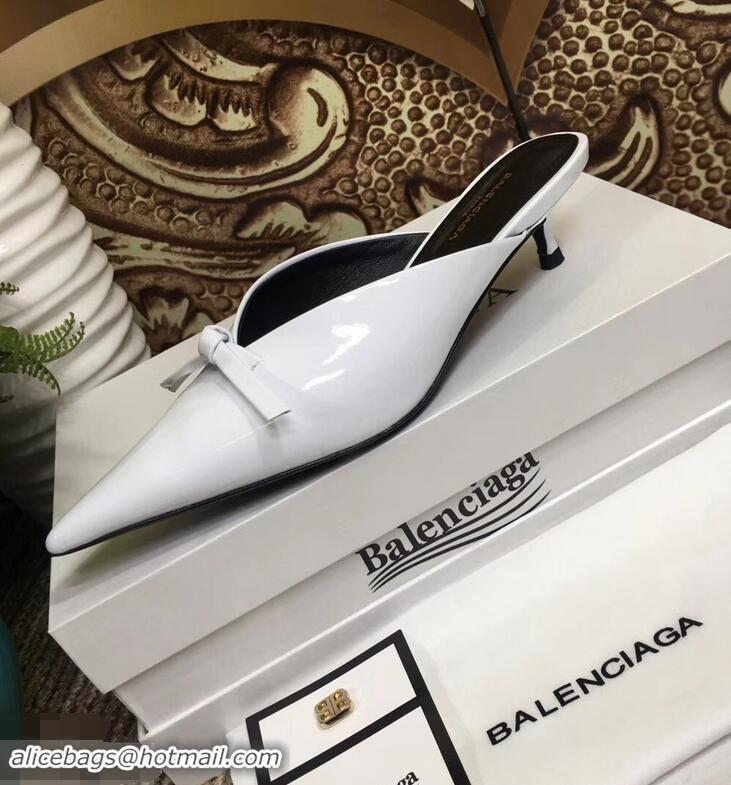 Top Sale Balenciaga Kitten Heel 4cm Pointed Toe Knife Mules Bow Patent B94801 White