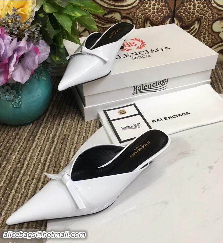 Top Sale Balenciaga Kitten Heel 4cm Pointed Toe Knife Mules Bow Patent B94801 White