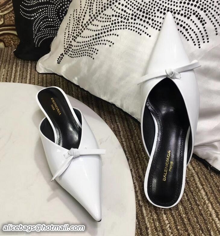 Top Sale Balenciaga Kitten Heel 4cm Pointed Toe Knife Mules Bow Patent B94801 White