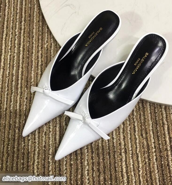 Top Sale Balenciaga Kitten Heel 4cm Pointed Toe Knife Mules Bow Patent B94801 White