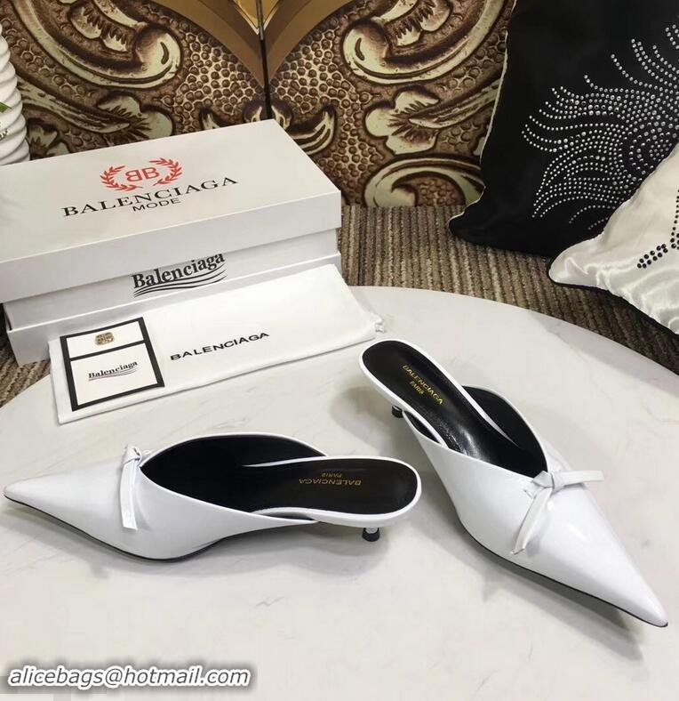 Top Sale Balenciaga Kitten Heel 4cm Pointed Toe Knife Mules Bow Patent B94801 White