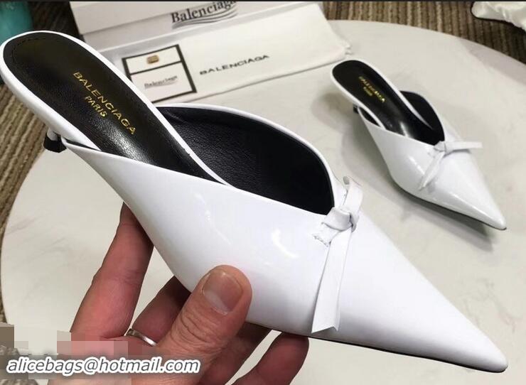 Top Sale Balenciaga Kitten Heel 4cm Pointed Toe Knife Mules Bow Patent B94801 White