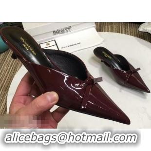 ​Discount Balenciaga Kitten Heel 4cm Pointed Toe Knife Mules Bow Patent B94801 Burgundy