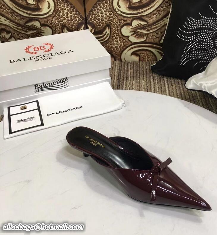 ​Discount Balenciaga Kitten Heel 4cm Pointed Toe Knife Mules Bow Patent B94801 Burgundy